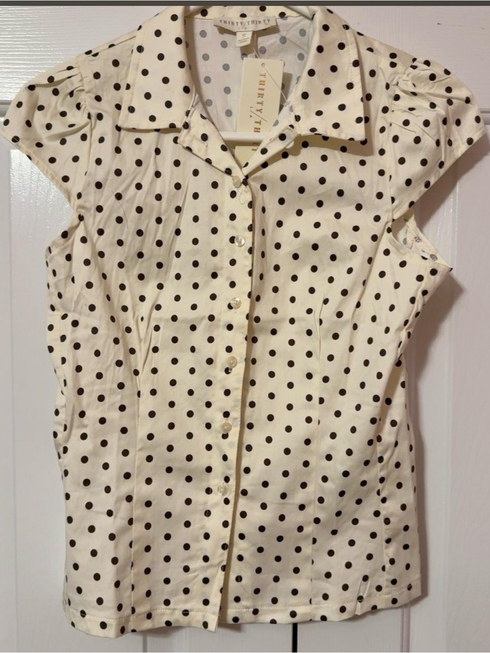 |Cream With Brown Polka Dot Cap-Sleeve Blouse